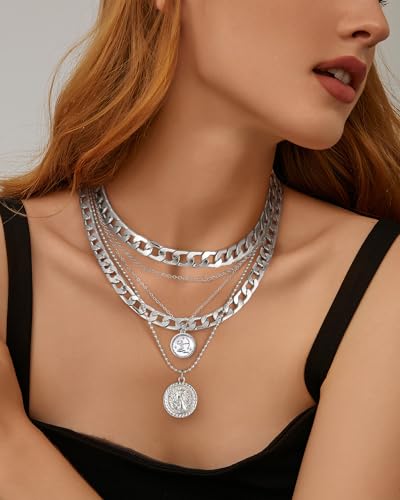 MJartoria Layered Necklaces for Women Trendy Retro Coin Pendant | Dainty Chunky Chain, Choker Necklaces, Jewelry Birthday Gifts - color: Silvery, style: Zodiac-Sagittarius-3PCS Layered