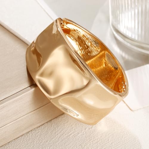 Golden Polished Chunky Twisted Hinged Waterdrop Bangle Bracelet for Women Spiraled Oval Bangle Bracelet - color: Gold Wide Hammered Statement Bangle