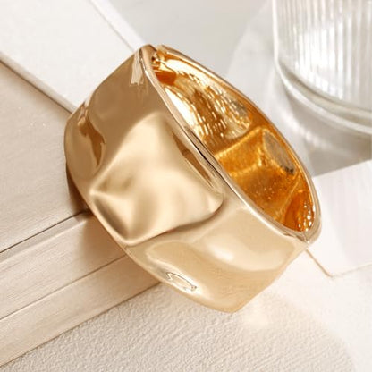 Golden Polished Chunky Twisted Hinged Waterdrop Bangle Bracelet for Women Spiraled Oval Bangle Bracelet - color: Gold Wide Hammered Statement Bangle
