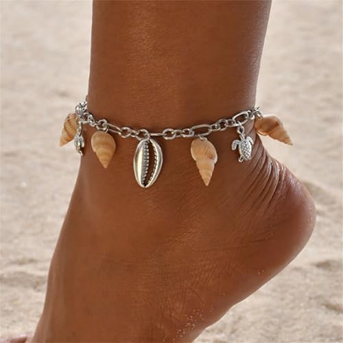 Shell Ankle Bracelet Set for Women,Boho Adjustable Beads Anklet Pack Natural White Shells Stack Stretch Seashell Pearl Starfish Bracelet Set Hawaiian Beach Vacation Foot Jewelry - style: H-Shell Conch
