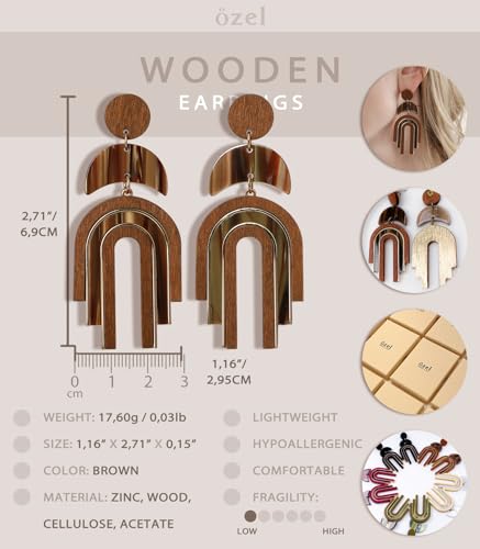 Ozel - Natural Wooden Acrylic Boho Drop Dangle Earrings for Women - Geometric Statement Jewellery - Brown, Black, Magent Red, Olive Green, White beige - color: Arch_Brown