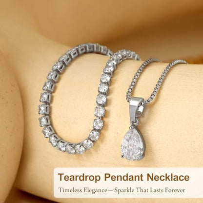 Layered Necklaces for Women, Dainty 14K Gold Plated Diamond Tennis Necklace, Simple Stackable Layered Gold Necklaces for Women Trendy Sparkly Cubic Zirconia Pendant Necklace Set Jewelry Gift - color: Silver- Tennis & Waterdrop Diamond