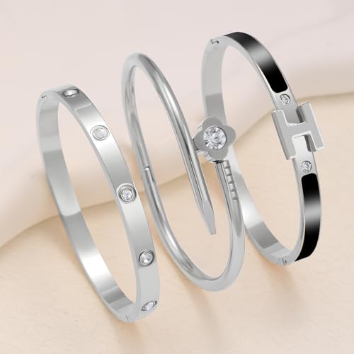 3Pcs Gold Bracelets for Women 14K Gold Plated Love/H/Nail Bangle Bracelet Dainty Non Tarnish Bracelet Jewelry Christmas Mothers Day Gifts for Women - color: 3Pcs Silver/Black H bracelet