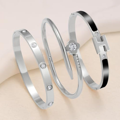 3Pcs Gold Bracelets for Women 14K Gold Plated Love/H/Nail Bangle Bracelet Dainty Non Tarnish Bracelet Jewelry Christmas Mothers Day Gifts for Women - color: 3Pcs Silver/Black H bracelet