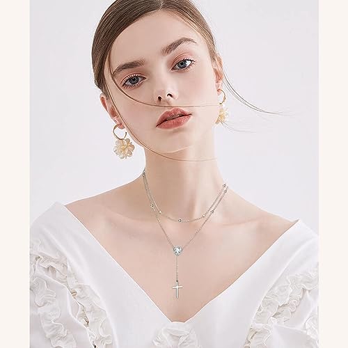 FLYOW Layered Necklace S925 Sterling Silver Y Shaped Jewelry - style: Cross Style