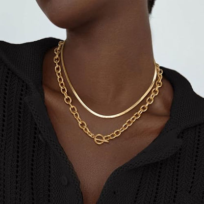 CHESKY 14K Gold Plated Chunky Necklace for Women, Trendy Toggle Clasp | Statement Pendant Necklace, Layered Paperclip Chain, Toggle Clasp Design, Thick Gold Chain, Non Tarnish Everyday Jewelry - color: gold, style: paperclip+herringbone