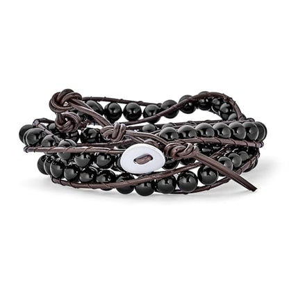 Multi Strand Tiger Eye Black Onyx Bead Bracelet Silver Tone Stainless Steel - color: Black