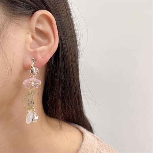 Clip on Pink Flower Pearl Leaf Long Fake Dangle Drop Earrings for Women Non Pierced Ear Dainty Cute Gold Plated Sakura Flower Statement Tassel Dangling Earrings Hypoallergenic Lightweight Fashion Trendy Jewelry