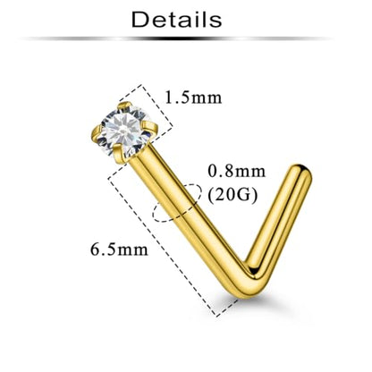 6Pcs Nose Rings Studs Surgical Steel L-Shape Nose Rings for Women 1.5mm Cubic Zirconia Nostril Screw Studs Hypoallergenic Nostril Piercings 24g 22g 20g - color: L-shape,goldtone, size: 20g,1.5mm CZ