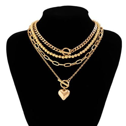 Otxas Layered Gold Necklaces for Women Non Tarnish Chunky Necklace | Stacked Necklaces for Women Heart Pendant Toggle Necklace Paperclip Chain Necklaces for Daily Wear, Party, Gift - style: Style 1