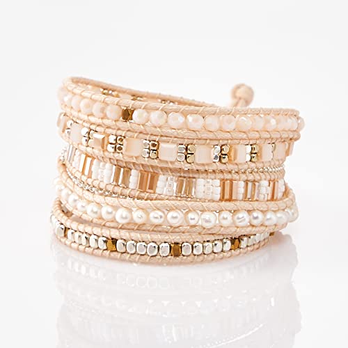 Bracelet for Women – Handmade Vegan Boho Natural Stone Layered Bracelet, Thailand Bohemian Stackable Beaded Wrap Bracelets, Summer Hippie Bracelet Stack, Fashion Jewelry Gifts - color: A7-Cream