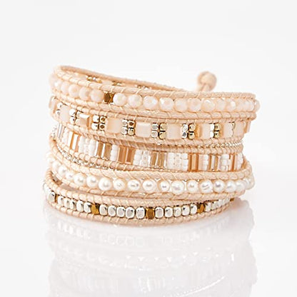 Bracelet for Women – Handmade Vegan Boho Natural Stone Layered Bracelet, Thailand Bohemian Stackable Beaded Wrap Bracelets, Summer Hippie Bracelet Stack, Fashion Jewelry Gifts - color: A7-Cream