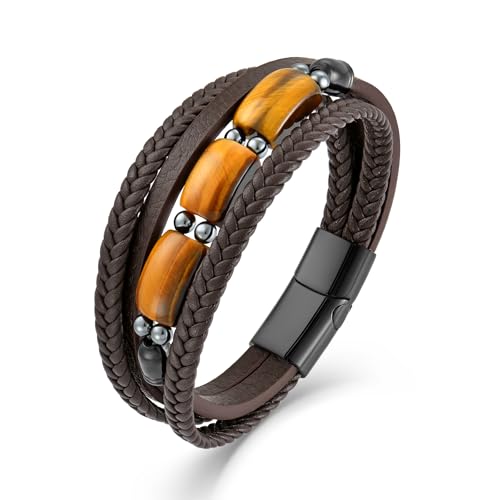 Mens Tiger Eye Leather Bracelet, Natural Tiger Eye Stone Multi-Layer Braided Cuff Bracelets for Men, Stainless Steel with Buckle Memorial Bangle Gifts for Him - color: Brown