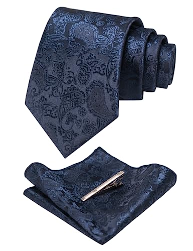 JEMYGINS Mens Solid Color Paisley Necktie and Pocket Square with Tie Clip Sets - color: Navy Blue2