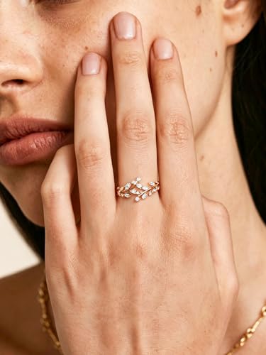 Silver Leaf Ring for Women 925 Sterling Silver Yellow Gold Plated CZ Inlaid Marquise Sapphire/Ruby/Emerald Cocktail Rings Size 6 to 10 - color: Cubic Zirconia - Gold
