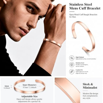 Stainless Steel Mens Cuff Bracelet-Open Metal Cuff Bangle Bracelets for Men,Mens Bracelet Jewelry Gift - color: rose gold