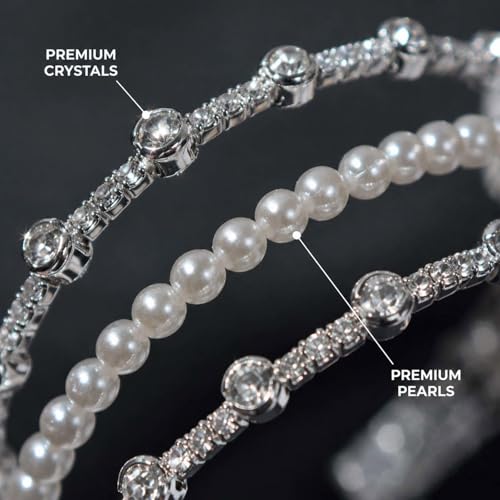 Triple-Row Open Cuff Bracelet for Women with Faux Pearl Center and Crystal-Set Metal Bands, Adjustable Bangle for Wedding and Daily Wear - color: SL-1325 Silver