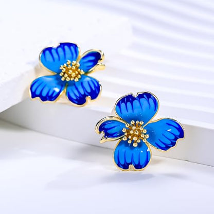 Clip on Earrings Women, 14K Gold Plated Earrings for Sensitive Ears, Fashion Women's Earrings Jewelry Birthday Gift for Wife Grandma Daughter Girls on Christmas Thanksgiving - color: Cherry Blossom Navy Blue Gradient Enamel Earrings