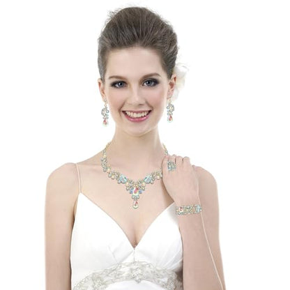 Paxuan Crystal Bridal Wedding Jewelry Sets for Women Rhinestone Teardrop Crystal Statement Choker Necklace Drop Earrings Link Bracelets Rings Teardrop Jewelry Set for Brides Bridesmaids - color: Necklace+Earrings+Bracelet+Ring（AB）
