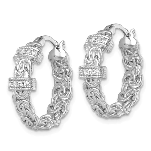 Diamond2Deal Sterling Silver Polished Cubic Zirconia Byzantine Link Round Hoop Earrings Len-0.88 In, Wid-0.89 In