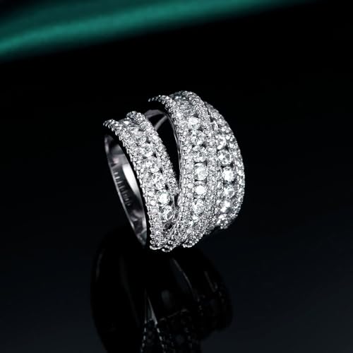 MDFUN Halo Eternity Rings Wedding Bands, 3 Rows Round Cut Cubic Zirconia Statement Rings, 18K White Gold/Yellow Gold Plated Wedding Band for Women Size 5-10 - color: White Gold