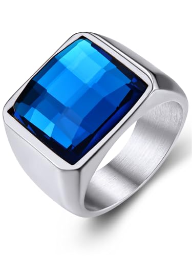 KeyStyle Square Gemstone Signet Rings for Men, Personalized Stainless Steel Pinky Ring with Black Onxy Blue Topaz Birthstone Statement Ring - color: 316L Stainless Steel- Blue Topaz-15mm