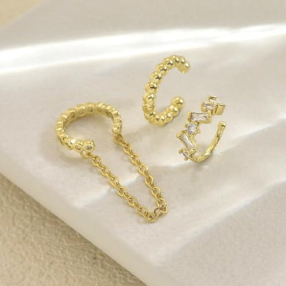 3Pcs Ear Cuffs Non Piercings for Women, Trendy Cubic Zirconia Gold Silver Clip On Cuff Earrings Set Jewelry Dainty Fake Cartilage Earring - color: Gold Chain2