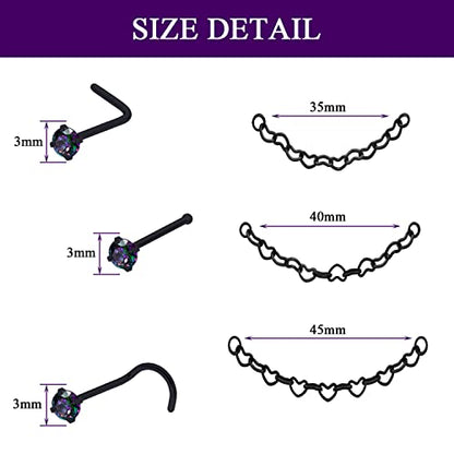 Nose Ring Chain Across Nose Black Stainless Steel Nostril Nose Piercing Chain with Cubic Zirconia Nose Screw Bone L-Shaped Ring for Women Body Piercing Nostril Jewelry with Bridge Chain - color: Black-Heart Nose Chain Studs