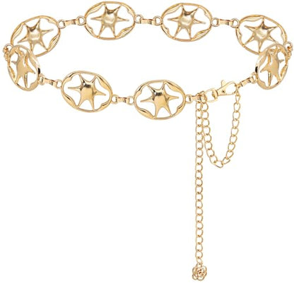 LIMHOO Women's Metal Waist Chain Belts Gold Silver Link Belt for Dresses - color: Star Gold, size: M: Length 120cm/47.2in