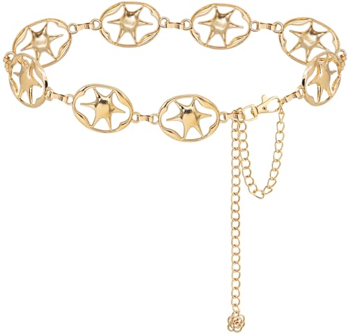 LIMHOO Women's Metal Waist Chain Belts Gold Silver Link Belt for Dresses - color: Star Gold, size: L: Length 135cm/53.1in