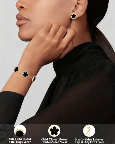 Clover Jewelry Set 3 PC - 18K Gold Plated Stainless Steel Y Necklace Four Leaf Pendant, Clover Link Bracelet Charm, Flower Earrings, Hypoallergenic Non-Tarnish,Simple Luxury Lucky Gifts for Women - color: Black