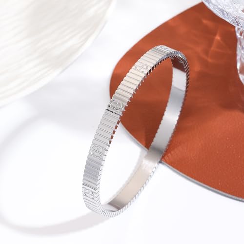 Women's Bracelet Stainless Steel Gold Plated Cuff Bangle Cube Zircon Hinge Jewelry oval Bangle Witness the Gift of Love - color: Cross Silver Large 7"
