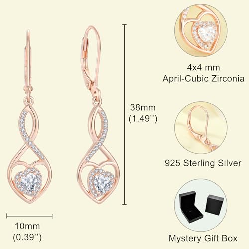 Infinity Heart Rose Gold Jewelry Set for Women 925 Sterling Silver Cubic Zirconia Necklace and Earrings Set April Birthstone Jewelry Gifts