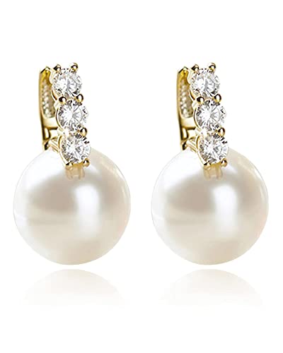 Pearl Earrings for Women 14K Gold Plated Hypoallergenic Pearl Earrings 5A Cubic Zirconia Dangle Earrings Elegant Jewelry - color: 1-Gold