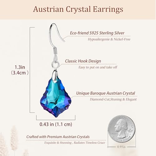 Austrian Crystal Baroque Drop Dangle Earrings for Women 925 Sterling Silver Hook Hypoallergenic Jewelry - color: Bermuda Blue