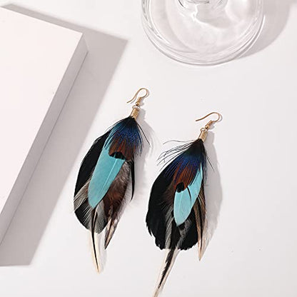 Bohemian Long Feather Earrings for Women Handmade Natural Dangle Tassel Jewelry - color: Style I