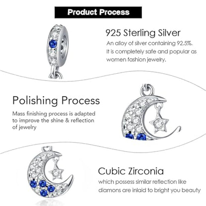 Charm for Bracelets and Necklaces, Heart Animals 925 Sterling Silver Bead Celestial Sun Moon Star Charms Jewelry Gift for Women Girls - color: Sparkling Moon Star Dangle Charm