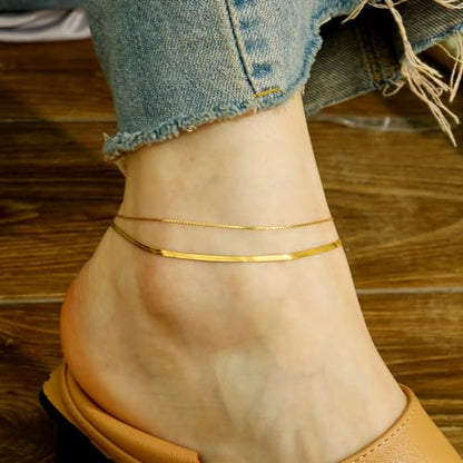 Gold Plated Ankle Bracelets For Women Waterproof,18k Gold Plated Anklets Layered Thin Snake Chain Herringbone Anklets Non Tarnish Stainless Steel Dainty Summer Jewelry Set Gift For Women - color: GOLD-2501