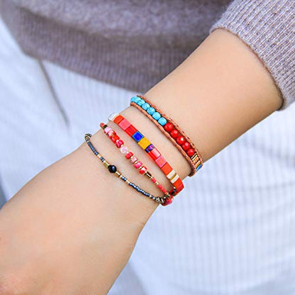 KELITCH Crystal Agate Friendship Bracelet Handmade Seed Beads Adjustable Bracelets for Women - color: Red