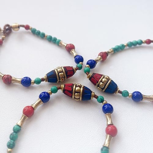 Petite Adjustable Boho Bracelet for Small Wrists 6-7.5 Inch - Handmade Nepalese Buddhist Prayer Bracelet with Elephant Charm, Brass Bell, Turquoise Stone & Tibetan Mantra Beads, Spiritual Lucky Gift - color: Green-2Pcs