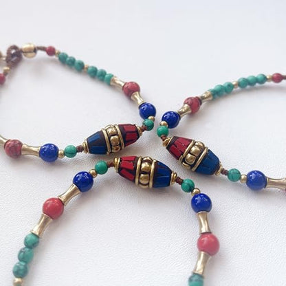 Petite Adjustable Boho Bracelet for Small Wrists 6-7.5 Inch - Handmade Nepalese Buddhist Prayer Bracelet with Elephant Charm, Brass Bell, Turquoise Stone & Tibetan Mantra Beads, Spiritual Lucky Gift - color: Green-2Pcs
