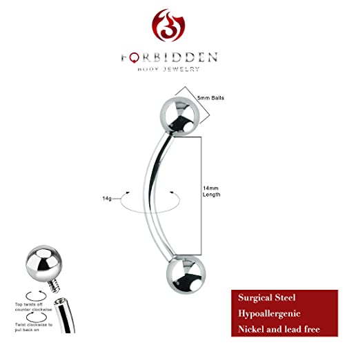 Forbidden Body Jewelry Curved Barbell Piercing Jewelry - 00GA-16GA Silver Eyebrow Piercing - Surgical Steel Snake Eye Frog Eyes Tongue Rings & Belly Rings for Women (6/14mm Bar, 3/12mm Balls) - style: 14GA, 14mm Length, 5mm Balls