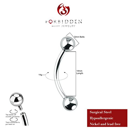 Forbidden Body Jewelry Curved Barbell Piercing Jewelry - 00GA-16GA Silver Eyebrow Piercing - Surgical Steel Snake Eye Frog Eyes Tongue Rings & Belly Rings for Women (6/14mm Bar, 3/12mm Balls) - style: 14GA, 14mm Length, 5mm Balls