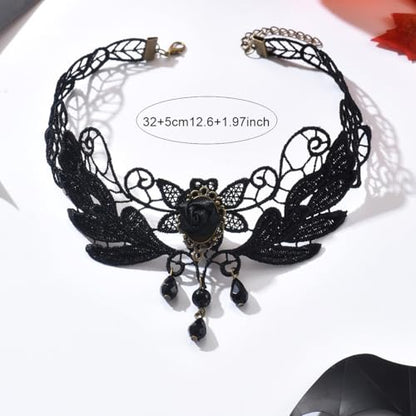 Goth Black Choker Necklace Crystal Bead Pendant Necklace for Women Gothic Velvet Lace Choker Halloween Vampire Witch Cosplay - color: B-Black