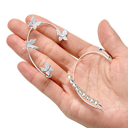 Tornito 4Pcs Butterfly Long Tassel Ear Cuff Dangle Chain Earrings Wrap Crawler CZ Ear Clip Wrap Around Fake Earrings for Women Silver Gold Tone Right Ear - color: A:Silver Tone(Right Ear)