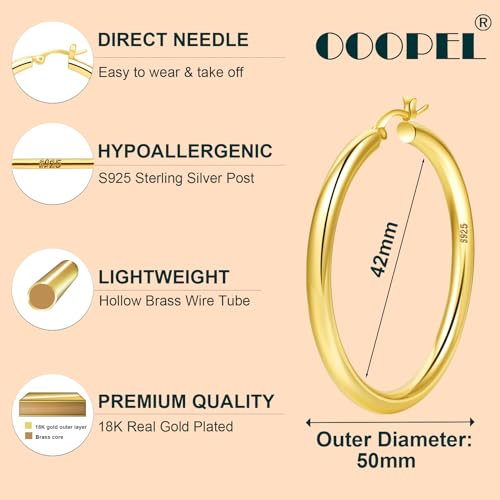 4mm Thick Gold Chunky Earrings Steling Silver Post Hoops Earrings For Women Hollow Tube Hoops Earrings Thick Gold Hoop Earrings Hypoallergenic Lightweight Gold Hoop Large Earrings 20/30/40/50/60MM - color: Gold,50mm