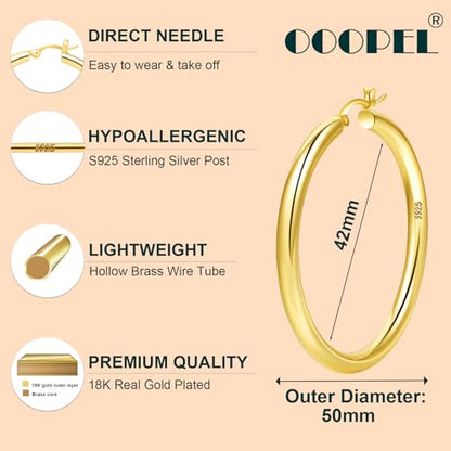 4mm Thick Gold Chunky Earrings Steling Silver Post Hoops Earrings For Women Hollow Tube Hoops Earrings Thick Gold Hoop Earrings Hypoallergenic Lightweight Gold Hoop Large Earrings 20/30/40/50/60MM - color: Gold,50mm