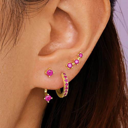 3 Pairs Dainty Small Earrings Set for Women Trendy, Birthstone Stud Huggie Hoop Jacket Stack for Cartilage Helix, Gold Plated Hypoallergenic Cute Women Fashion Accessories Western Jewelry Gifts - color: 10Pink-Oct (Gold)