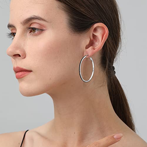 925 Sterling Silver Earrings Large Rhinestone Hoop Earrings Big Cubic Zirconia Hoop Earrings Thin Rhinestones Round Hoop Earrings for Women 20/30/40/50/60/70mm Sparkly Hoops With Crystals for Womens - color: black,50mm