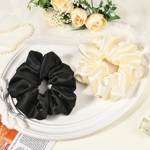 2 PCS Black Beige Jumbo Satin Silky Scrunchies 6.5 Inches Oversized Scrunchie Extra Large Big Hair Ties Ponytail Holder for Thick Curly Hair Women (Black, Beige) - color: Black, Cream